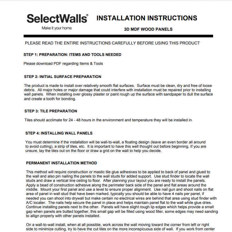 SelectWalls MDF Installation Instructions